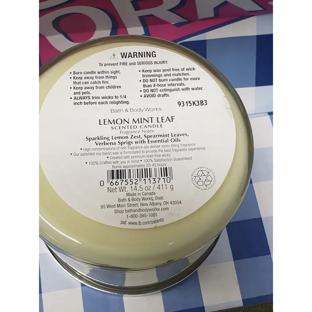 BBW Lemon Mint Leaf Large 3 Wick Candle Fresh Clean Home Fragrance Decor
